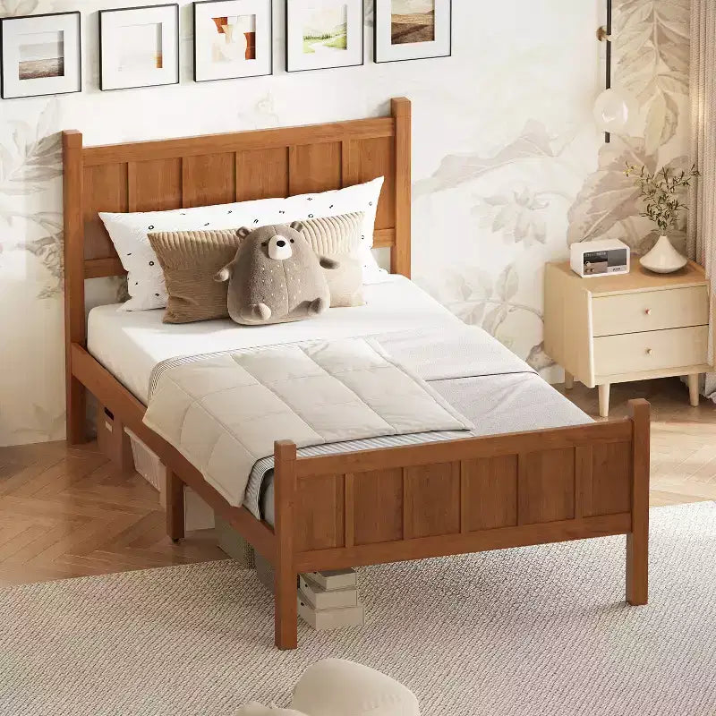 Struttura letto matrimoniale/queen size con testiera e pediera, letto a piattaforma in stile rustico, supporto a doghe in legno, noce