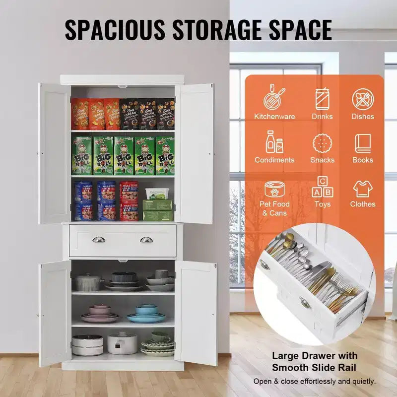 Dispensa da Cucina 72", Armadietto Indipendente con Ante, Cassetto e 3 Ripiani Regolabili, Bianco per Uso Domestico