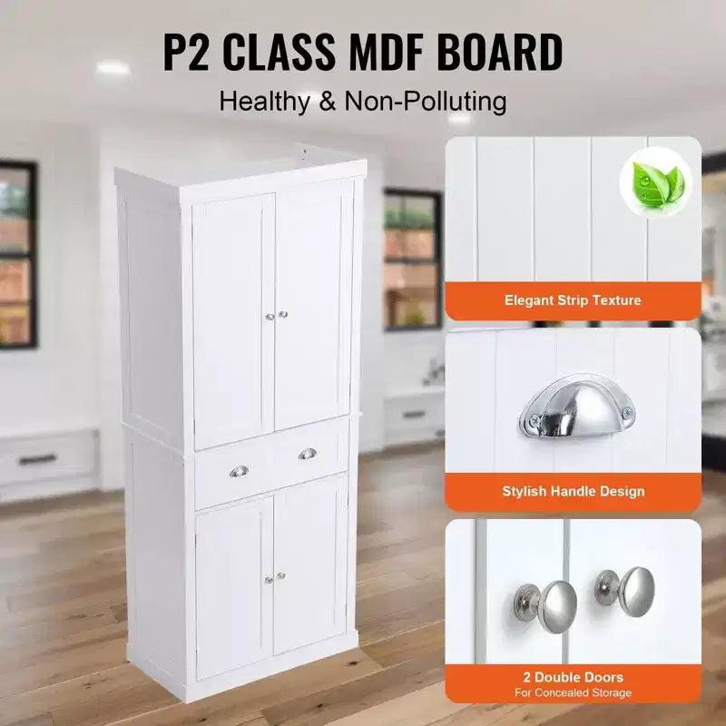 Dispensa da Cucina 72", Armadietto Indipendente con Ante, Cassetto e 3 Ripiani Regolabili, Bianco per Uso Domestico