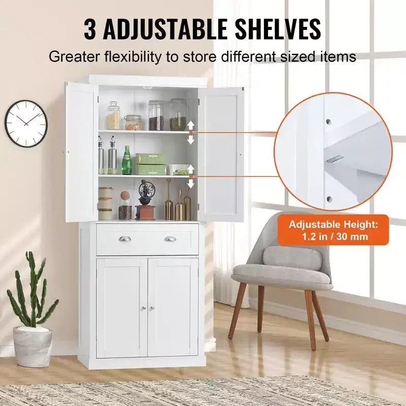 Dispensa da Cucina 72", Armadietto Indipendente con Ante, Cassetto e 3 Ripiani Regolabili, Bianco per Uso Domestico