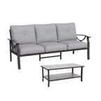2 Piece Outdoor Patio Set, 70 Inch All-Weather Metal 3-Seat Metal Patio Sofa and Rectangular coffee Table, Khaki Frame with Gray Cushions