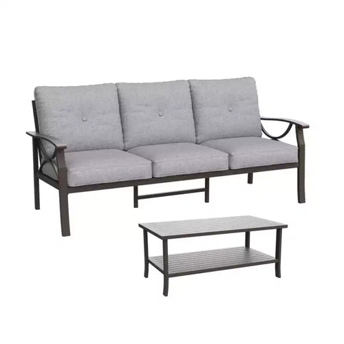 2 Piece Outdoor Patio Set, 70 Inch All-Weather Metal 3-Seat Metal Patio Sofa and Rectangular coffee Table, Khaki Frame with Gray Cushions