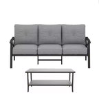 Ensemble de patio 2 pièces, canapé d'extérieur 3 places en métal tout temps de 178 cm et table basse rectangulaire, cadre kaki avec coussins gris