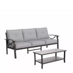Ensemble de patio 2 pièces, canapé d'extérieur 3 places en métal tout temps de 178 cm et table basse rectangulaire, cadre kaki avec coussins gris