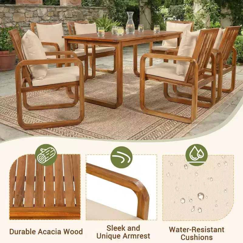 Set da pranzo da esterno Polibi a 7 pezzi in acacia con poltrone a bracciolo scolpite a cerchio