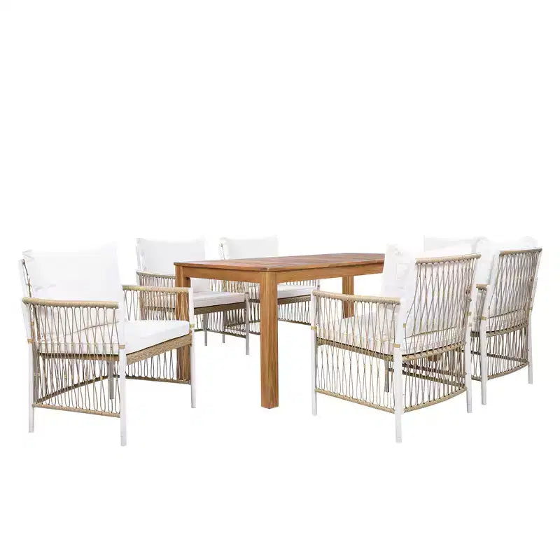 GDFStudio Nicolas, set da pranzo da 7 pezzi in legno e metallo con sedie a braccioli in rattan intrecciato a mano