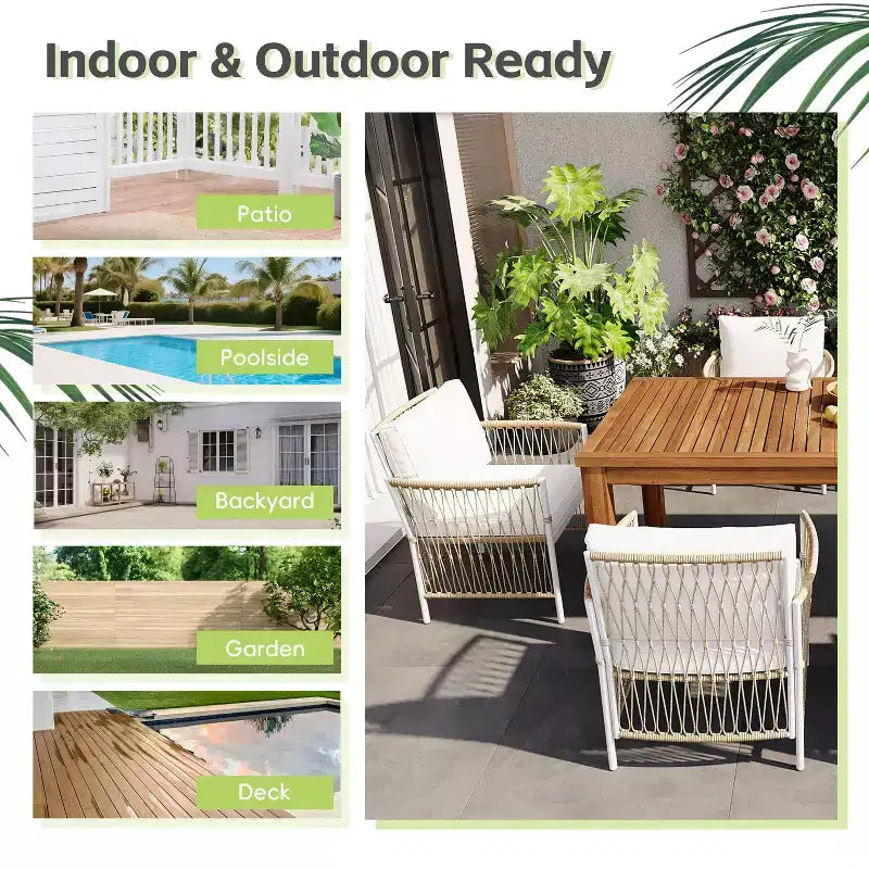 GDFStudio Nicolas, set da pranzo da 7 pezzi in legno e metallo con sedie a braccioli in rattan intrecciato a mano