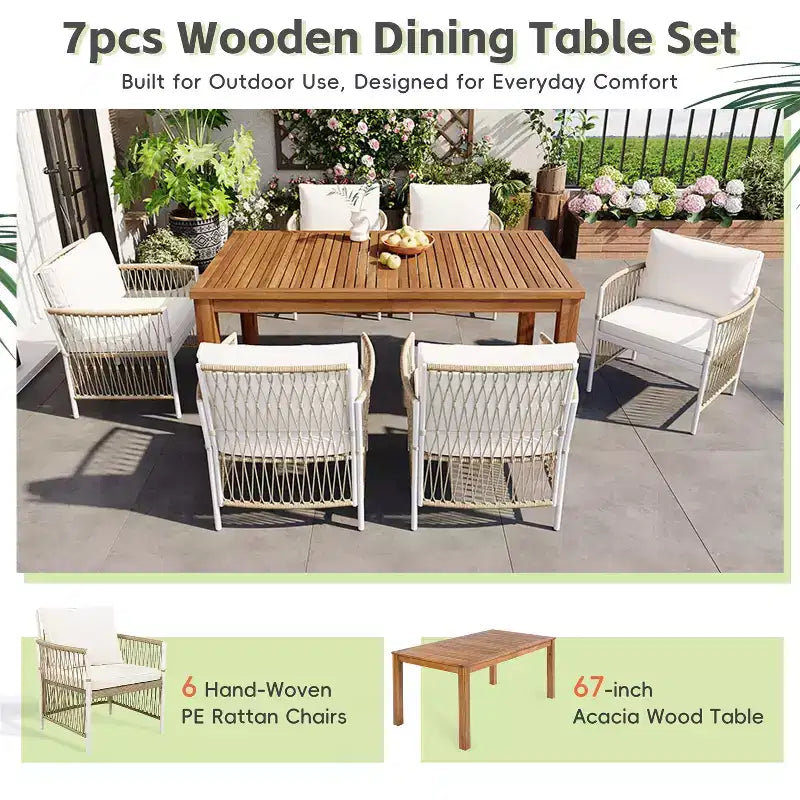 GDFStudio Nicolas, set da pranzo da 7 pezzi in legno e metallo con sedie a braccioli in rattan intrecciato a mano