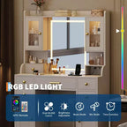 Toeletta da 104 cm con Specchio e Luci, Vanity Trucco con 6 Cassetti, Ripiani Portaoggetti, Armadietti RGB e 3 Livelli di Luminosità Regolabili per Donne e Ragazze