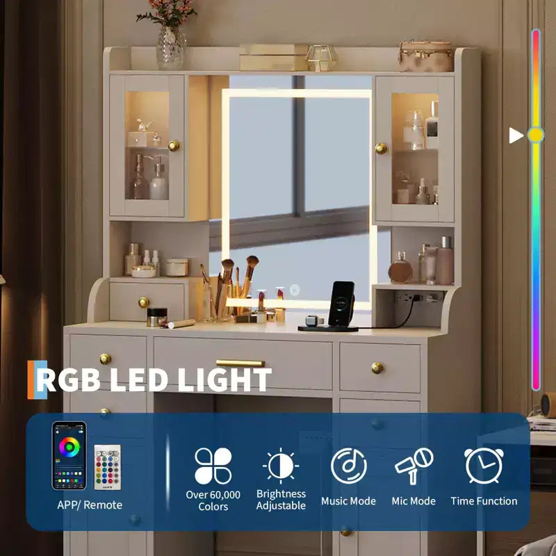 Toeletta da 104 cm con Specchio e Luci, Vanity Trucco con 6 Cassetti, Ripiani Portaoggetti, Armadietti RGB e 3 Livelli di Luminosità Regolabili per Donne e Ragazze