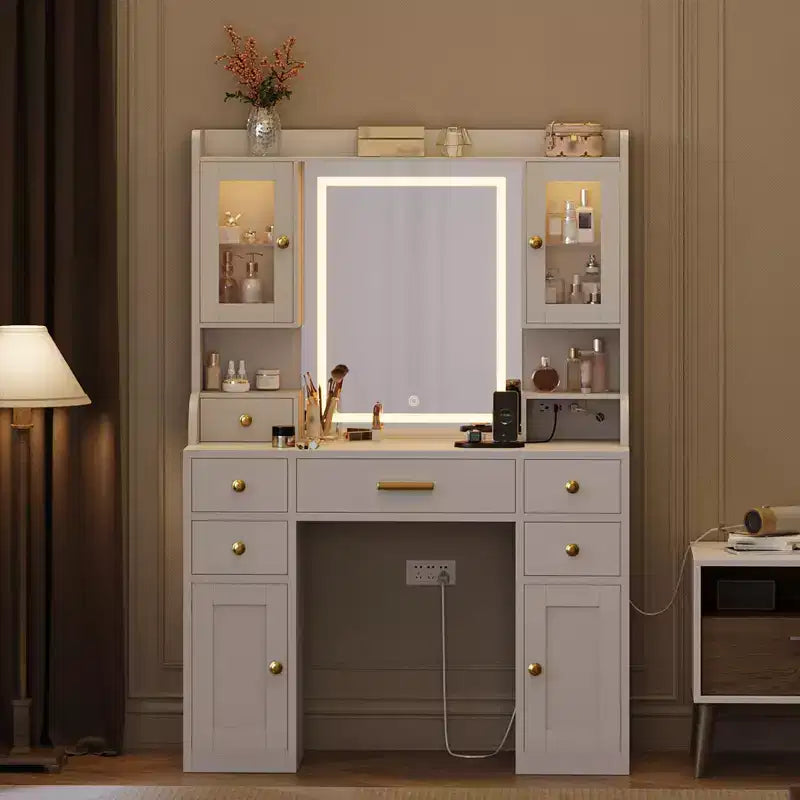 Toeletta da 104 cm con Specchio e Luci, Vanity Trucco con 6 Cassetti, Ripiani Portaoggetti, Armadietti RGB e 3 Livelli di Luminosità Regolabili per Donne e Ragazze