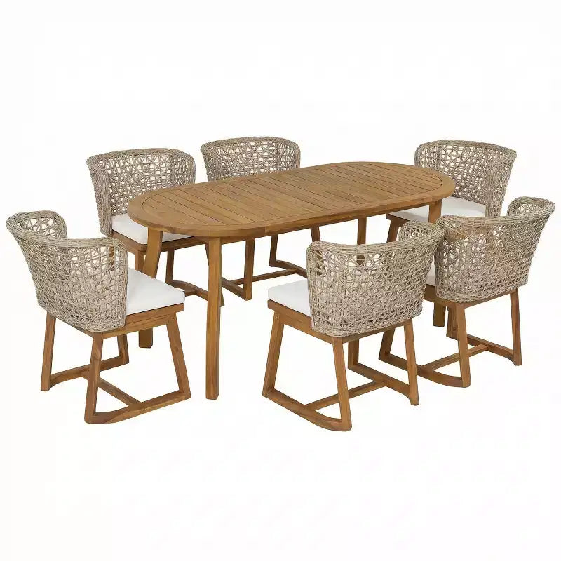 Christopher Knight Home Crunhi - Set da pranzo moderno da 7 pezzi per patio, in acacia, con tavolo a doghe e schienale in vimini