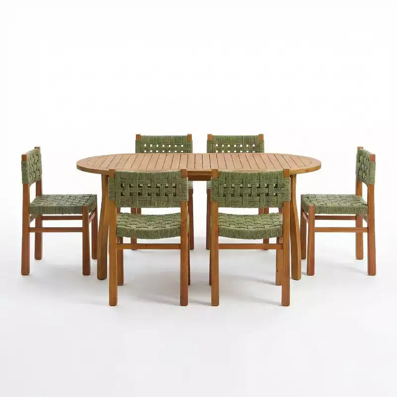 Christopher Knight Home Synci, set da pranzo da giardino moderno a 7 pezzi in acacia con tavolo a doghe e design in vimini
