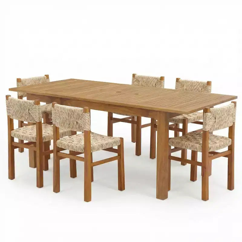 Christopher Knight Home Wriby – Ensemble de salle à manger moderne 7 pièces en acacia avec table à lattes extensible et design en osier pour terrasse
