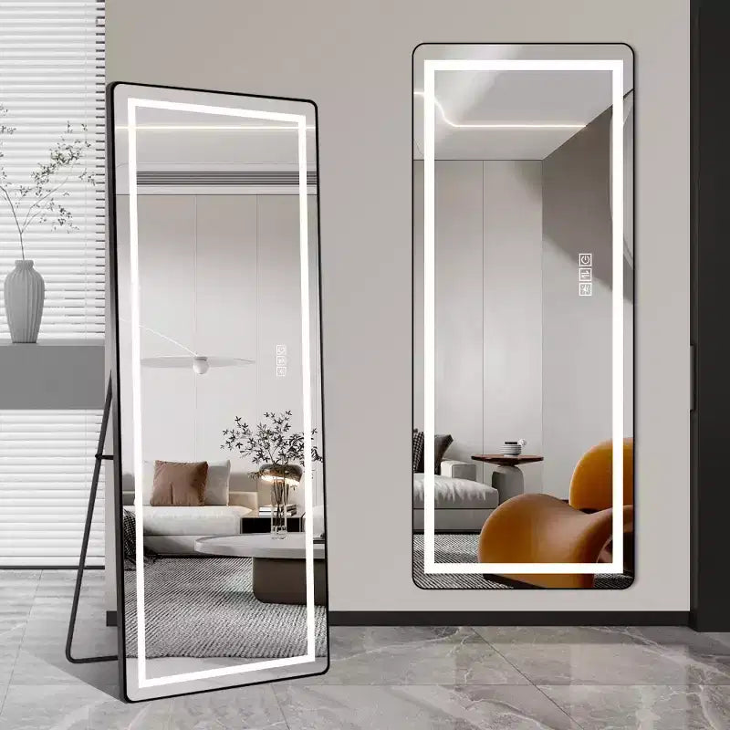 Specchio a LED verticale a figura intera con staffa, autoportante o da parete, specchio da trucco moderno per camera da letto e spogliatoio