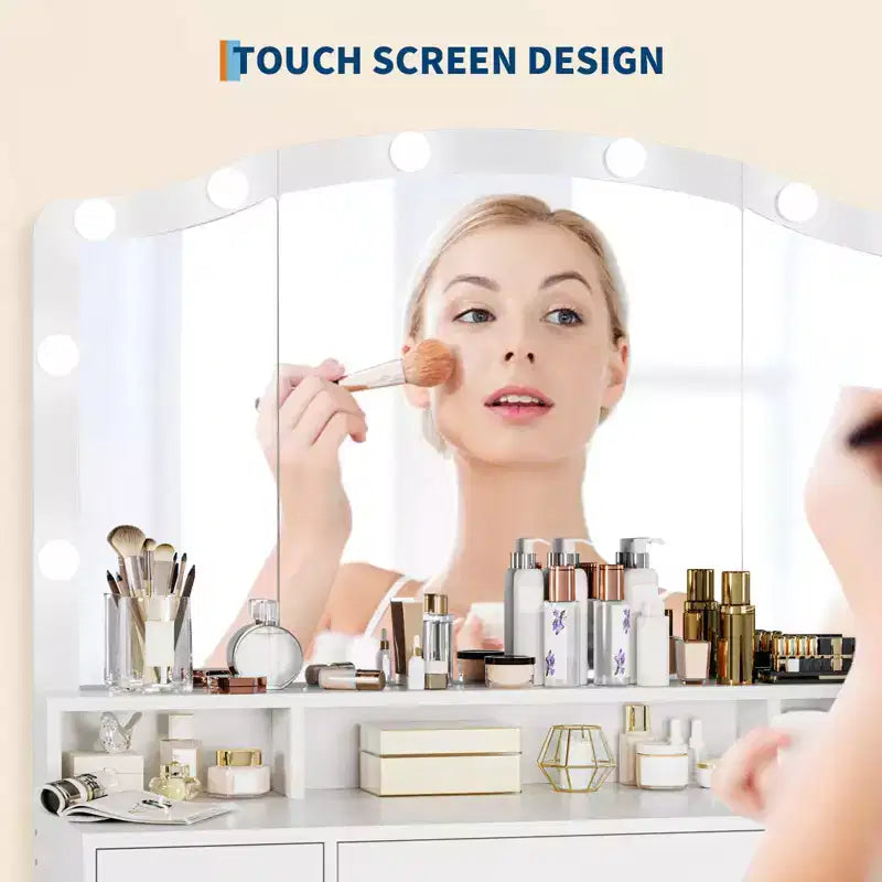 Set Tavolo Toeletta con Specchio Illuminato, Tavolo Trucco con 3 Cassetti e Multipresa per Ragazze Donne