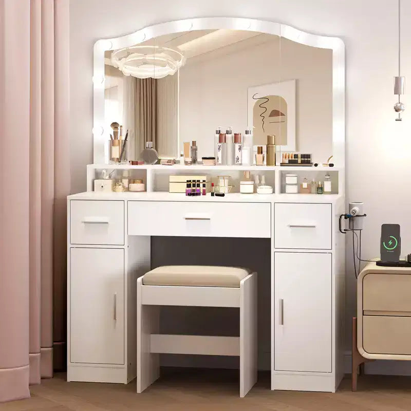 Set Tavolo Toeletta con Specchio Illuminato, Tavolo Trucco con 3 Cassetti e Multipresa per Ragazze Donne