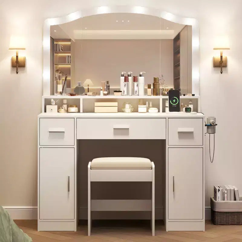 Set Tavolo Toeletta con Specchio Illuminato, Tavolo Trucco con 3 Cassetti e Multipresa per Ragazze Donne