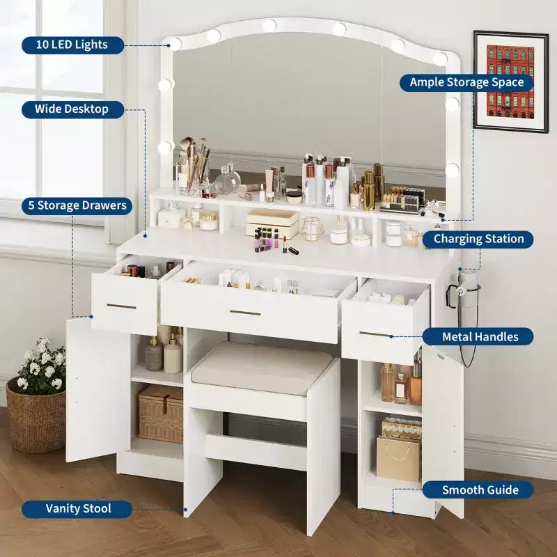 Set Tavolo Toeletta con Specchio Illuminato, Tavolo Trucco con 3 Cassetti e Multipresa per Ragazze Donne