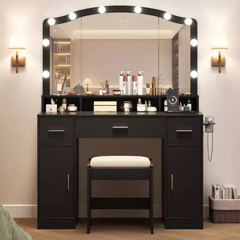Set Tavolo Toeletta con Specchio Illuminato, Tavolo Trucco con 3 Cassetti e Multipresa per Ragazze Donne