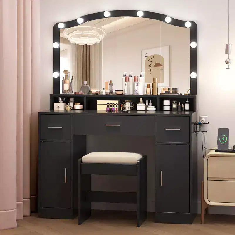 Set Tavolo Toeletta con Specchio Illuminato, Tavolo Trucco con 3 Cassetti e Multipresa per Ragazze Donne