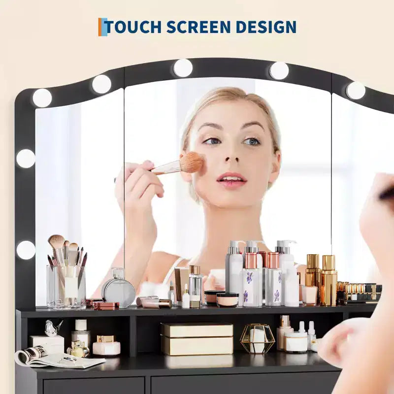 Set Tavolo Toeletta con Specchio Illuminato, Tavolo Trucco con 3 Cassetti e Multipresa per Ragazze Donne