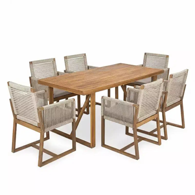 Christopher Knight Home Thrinot Ensemble de salle à manger moderne 7 pièces en acacia pour terrasse avec table à lattes et design en corde