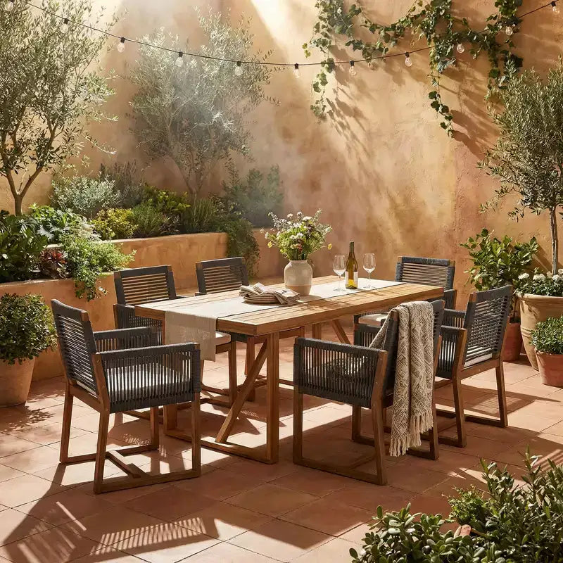 Christopher Knight Home Thrinot Ensemble de salle à manger moderne 7 pièces en acacia pour terrasse avec table à lattes et design en corde
