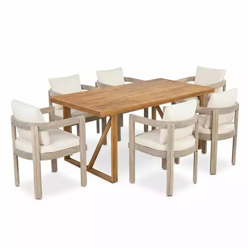 Christopher Knight Home Gruneo - Ensemble de salle à manger d'extérieur moderne 7 pièces en acacia avec coussin et design à lattes