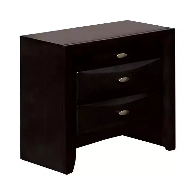 Comodino spazioso, pomelli in metallo, 3 cassetti, legno massello nero