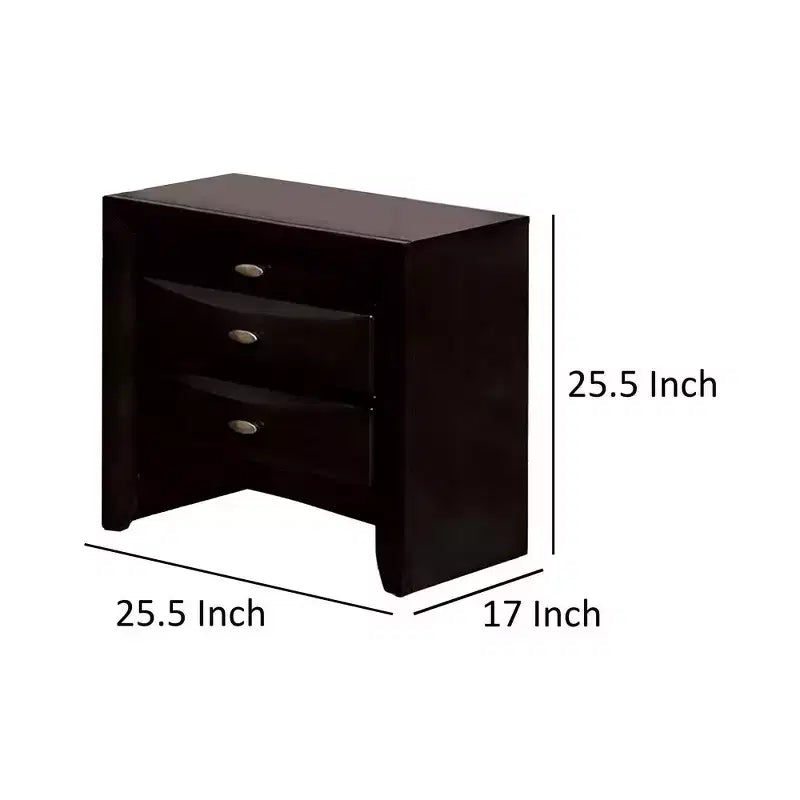Comodino spazioso, pomelli in metallo, 3 cassetti, legno massello nero