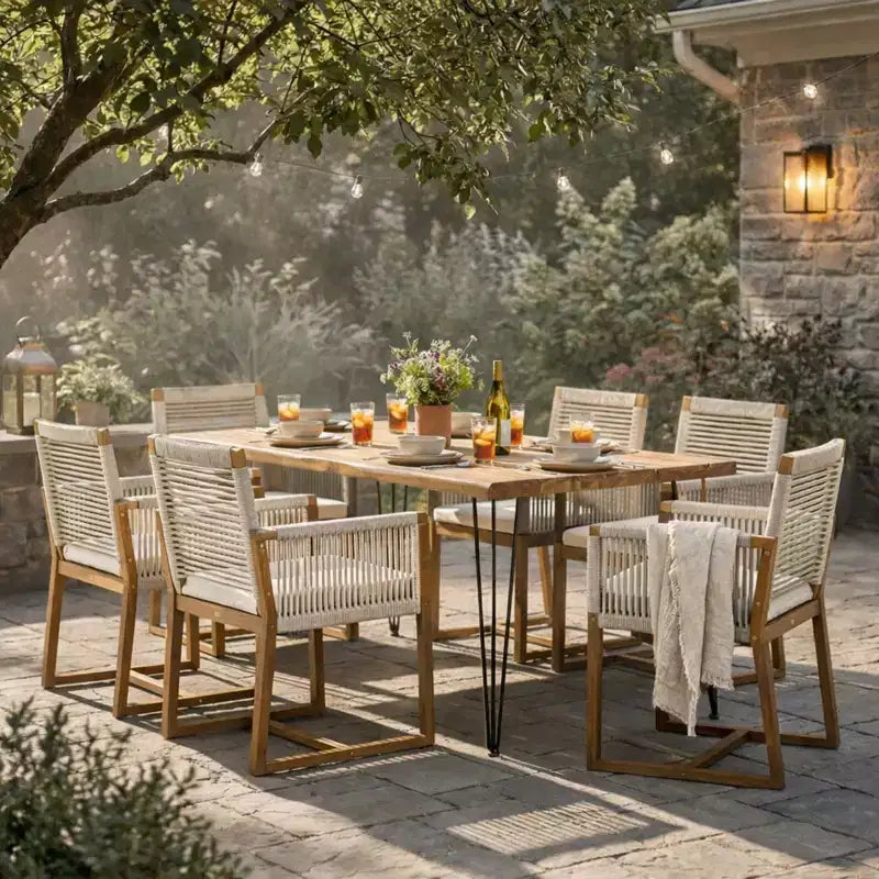 Christopher Knight Home Cristi Set da pranzo moderno per patio da 7 pezzi in acacia con tavolo a doghe, gambe in ferro e design in corda