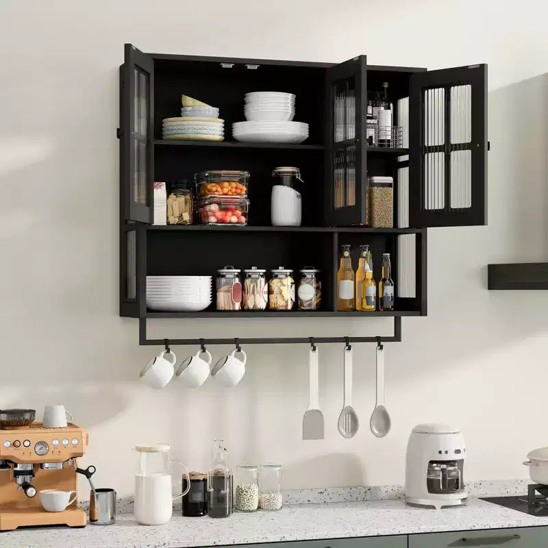 Mobiletto da parete per bagno, mobiletto da parete in legno a 3 ante con spazio portaoggetti aperto e nascosto, armadietto dei medicinali con anta in vetro e portasciugamani