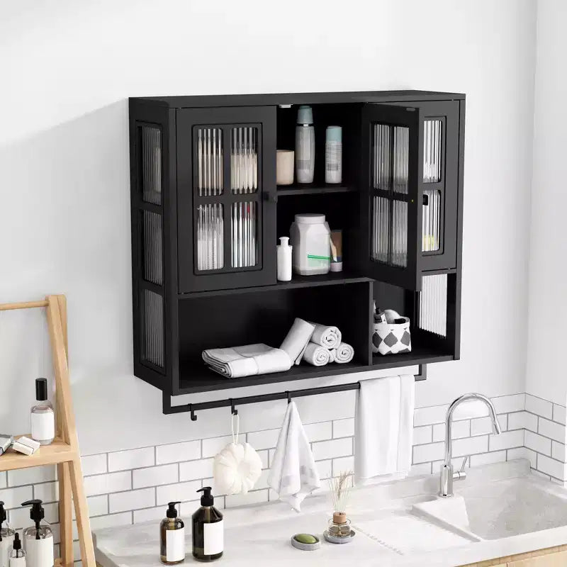 Mobiletto da parete per bagno, mobiletto da parete in legno a 3 ante con spazio portaoggetti aperto e nascosto, armadietto dei medicinali con anta in vetro e portasciugamani