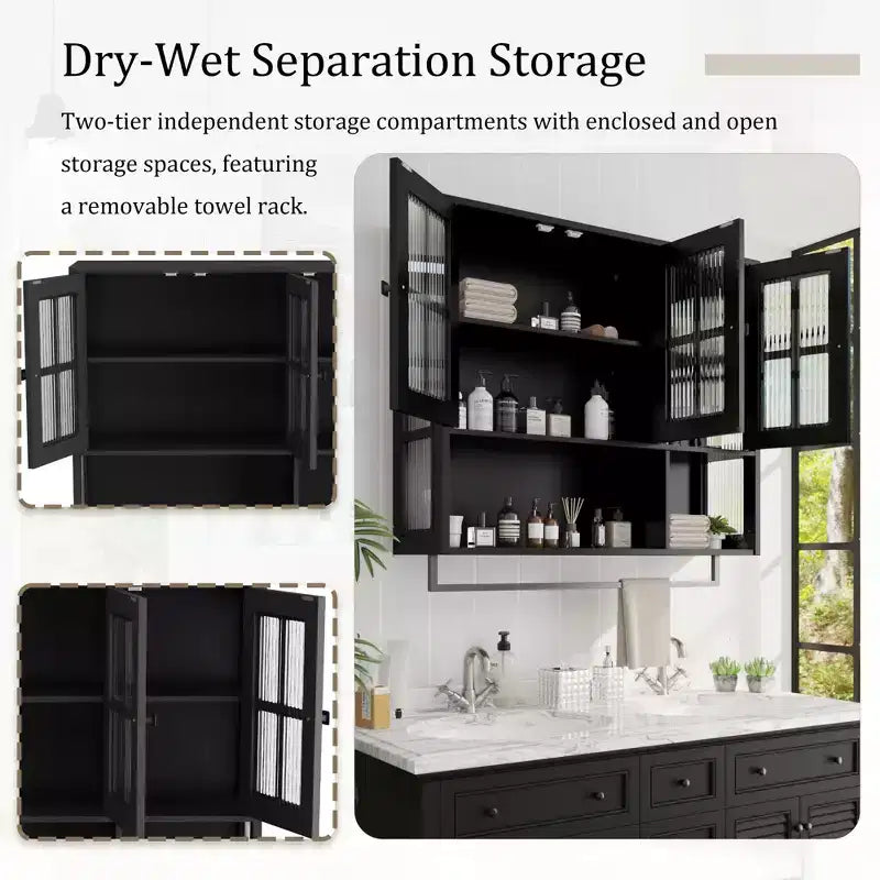 Mobiletto da parete per bagno, mobiletto da parete in legno a 3 ante con spazio portaoggetti aperto e nascosto, armadietto dei medicinali con anta in vetro e portasciugamani