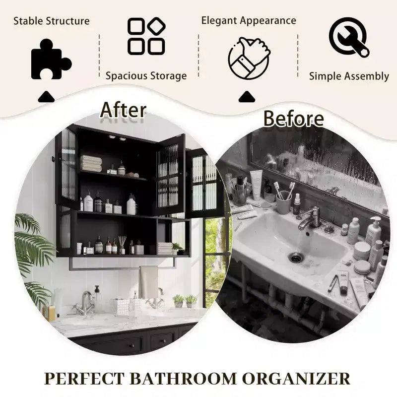 Mobiletto da parete per bagno, mobiletto da parete in legno a 3 ante con spazio portaoggetti aperto e nascosto, armadietto dei medicinali con anta in vetro e portasciugamani