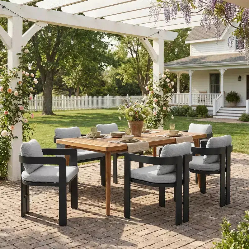 ModernLuxe Set da Pranzo per Esterni da 7 Pezzi per 6 Persone, Set da Arredo Giardino con Tavolo da Pranzo e 6 Sedie con Cuscini e Telaio Resistente alle Intemperie