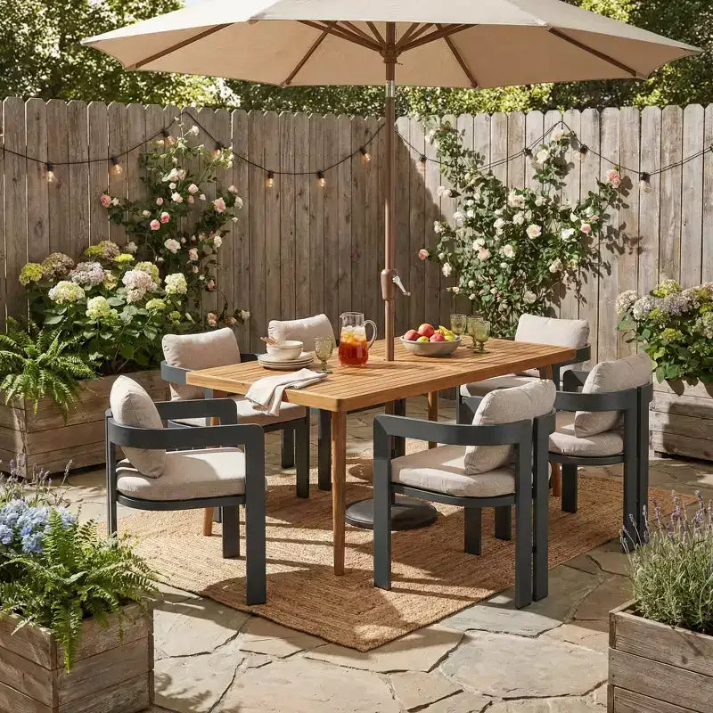 ModernLuxe Set da Pranzo per Esterni da 7 Pezzi per 6 Persone, Set da Arredo Giardino con Tavolo da Pranzo e 6 Sedie con Cuscini e Telaio Resistente alle Intemperie