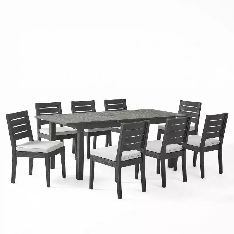 Christopher Knight Home Rani Set da Pranzo Moderno da 9 Pezzi in Acacia con Tavolo a Doghe Estensibile e Cuscini