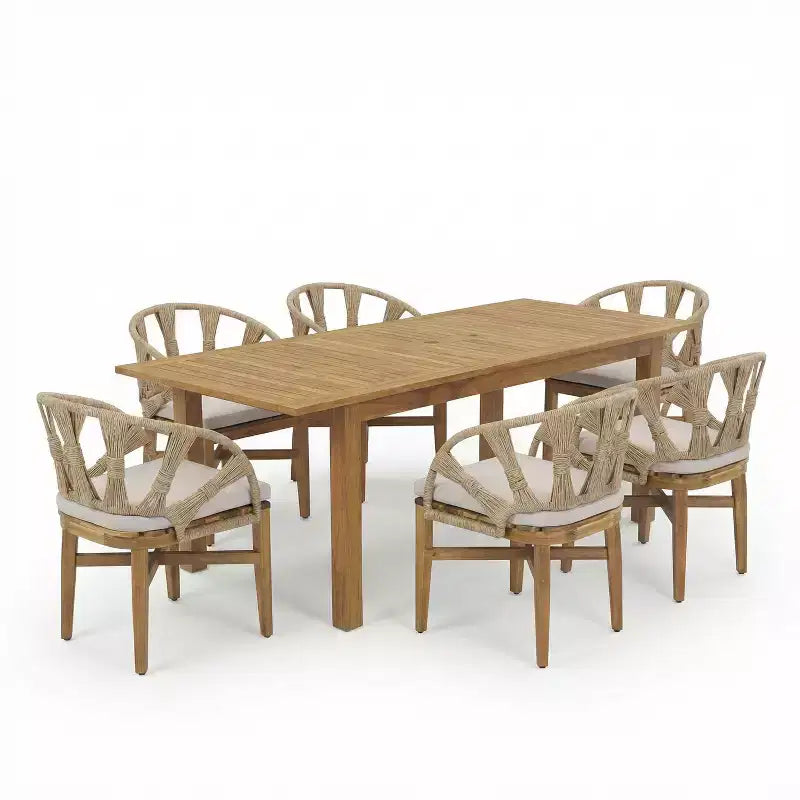 Christopher Knight Home Kenedy - Set da pranzo da esterno boho 7 pezzi in legno di acacia e vimini con tavolo allungabile a doghe
