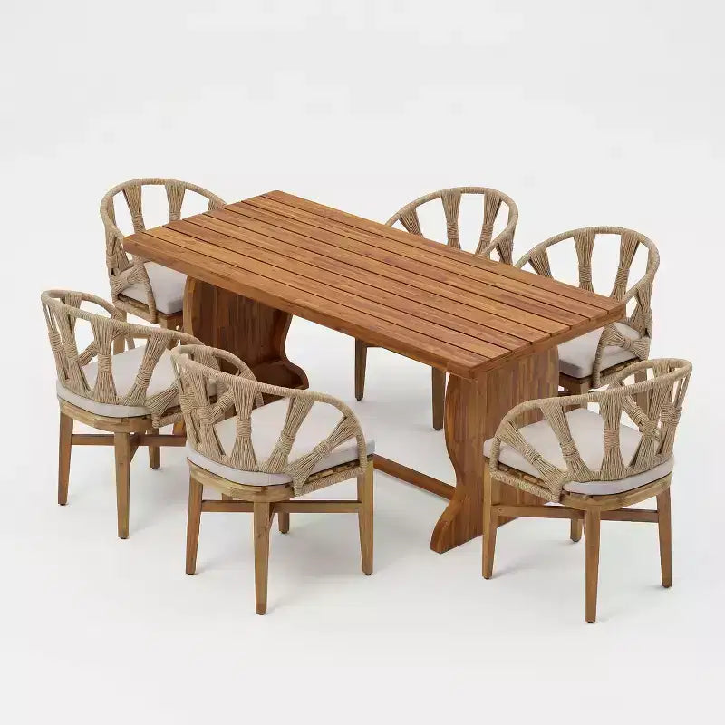 Christopher Knight Home Hendry Set da pranzo bohémien da 7 pezzi in legno di acacia e vimini per esterni con tavolo a doghe