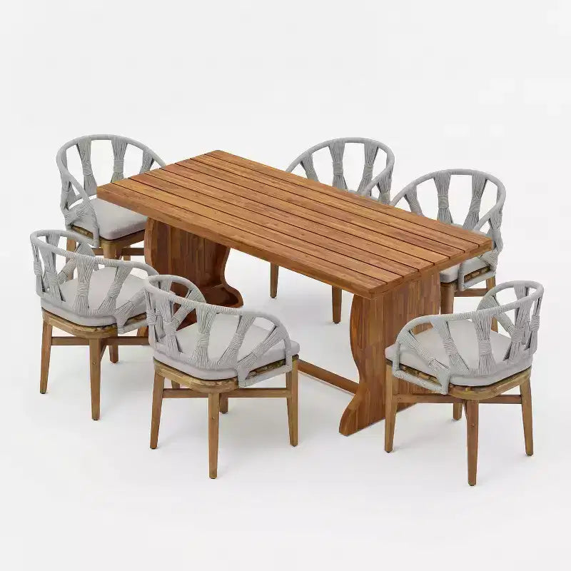 Christopher Knight Home Hendry Set da pranzo bohémien da 7 pezzi in legno di acacia e vimini per esterni con tavolo a doghe