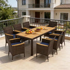 Gymax Set da Pranzo per Esterni 9 Pezzi con Tavolo in Legno di Acacia e Sedie in Rattan PE per 8 Persone Include Foro per Ombrellone per Patio Giardino Terrazza