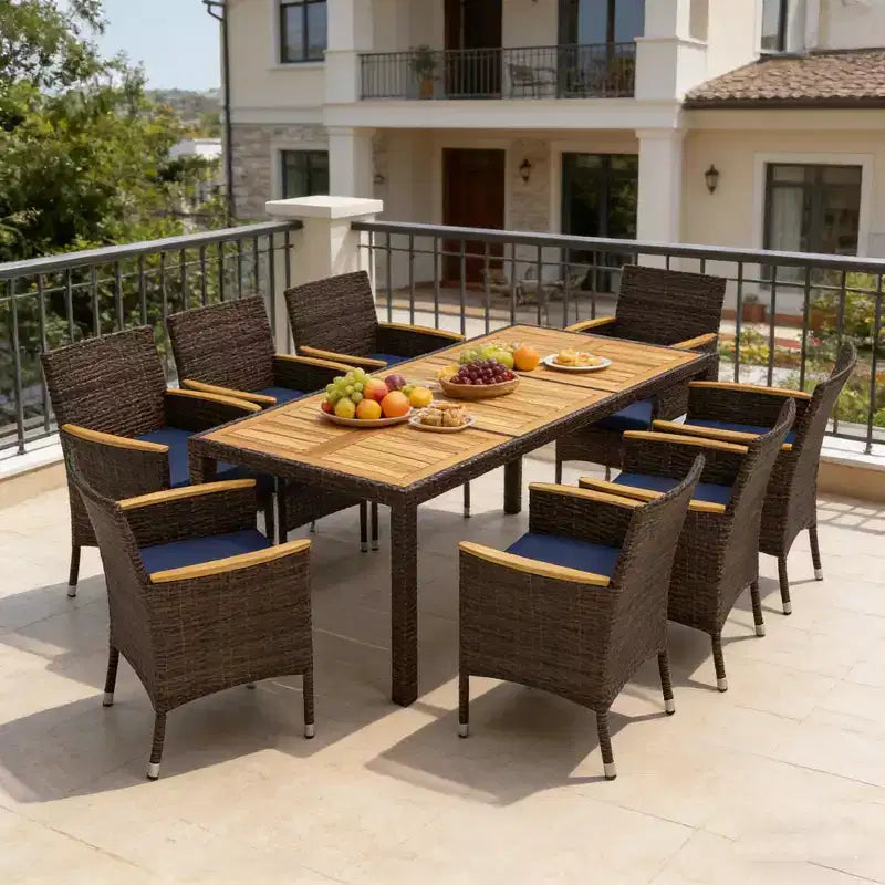 Gymax Set da Pranzo per Esterni 9 Pezzi con Tavolo in Legno di Acacia e Sedie in Rattan PE per 8 Persone Include Foro per Ombrellone per Patio Giardino Terrazza