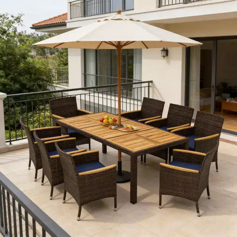 Gymax Set da Pranzo per Esterni 9 Pezzi con Tavolo in Legno di Acacia e Sedie in Rattan PE per 8 Persone Include Foro per Ombrellone per Patio Giardino Terrazza