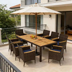 Gymax Set da Pranzo per Esterni 9 Pezzi con Tavolo in Legno di Acacia e Sedie in Rattan PE per 8 Persone Include Foro per Ombrellone per Patio Giardino Terrazza