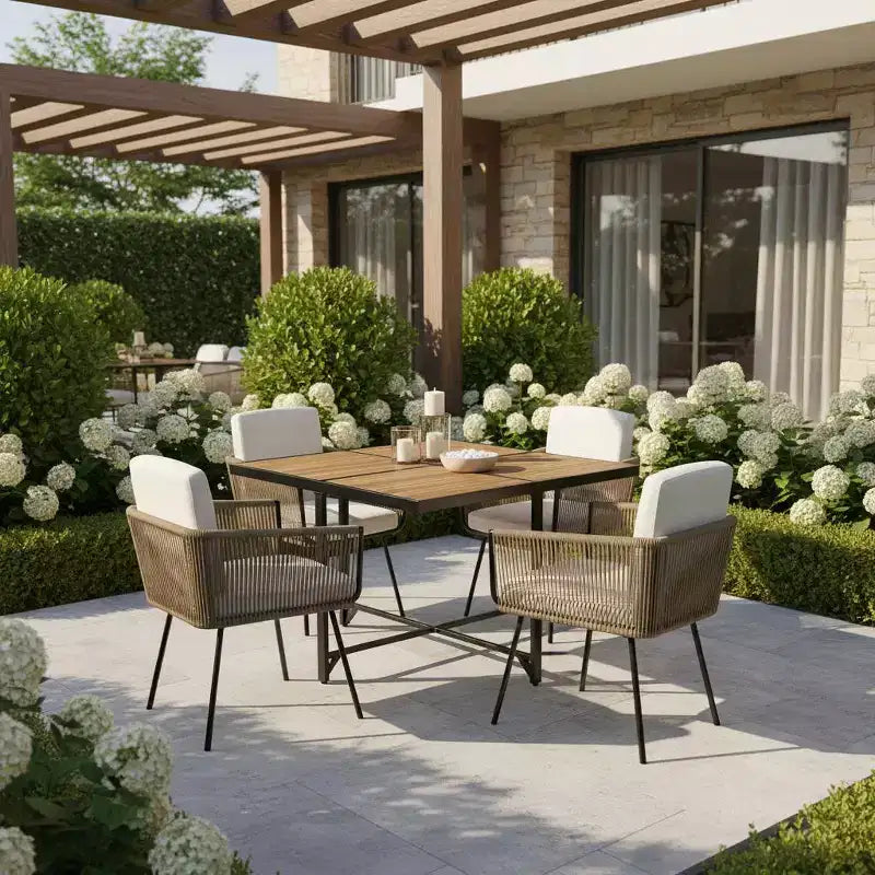 Set da pranzo Gymax 5 pezzi da esterno con tavolo rettangolare in legno di acacia e sedie imbottite per cortile e giardino