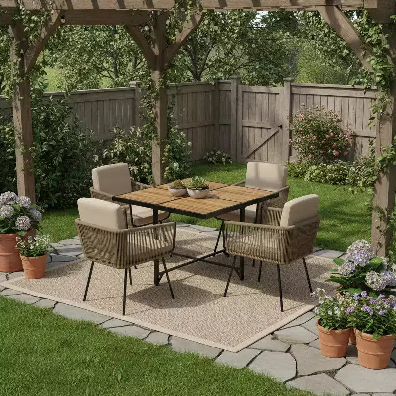 Set da pranzo Gymax 5 pezzi da esterno con tavolo rettangolare in legno di acacia e sedie imbottite per cortile e giardino