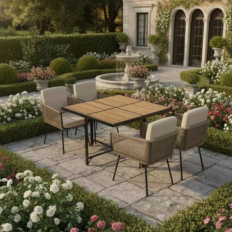 Set da pranzo Gymax 5 pezzi da esterno con tavolo rettangolare in legno di acacia e sedie imbottite per cortile e giardino