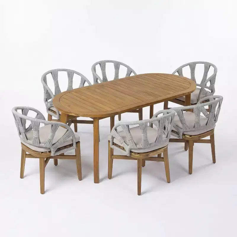 Christopher Knight Home Cascade, set da pranzo Boho da esterno a 7 pezzi in legno di acacia e vimini con tavolo ovale a doghe da esterno